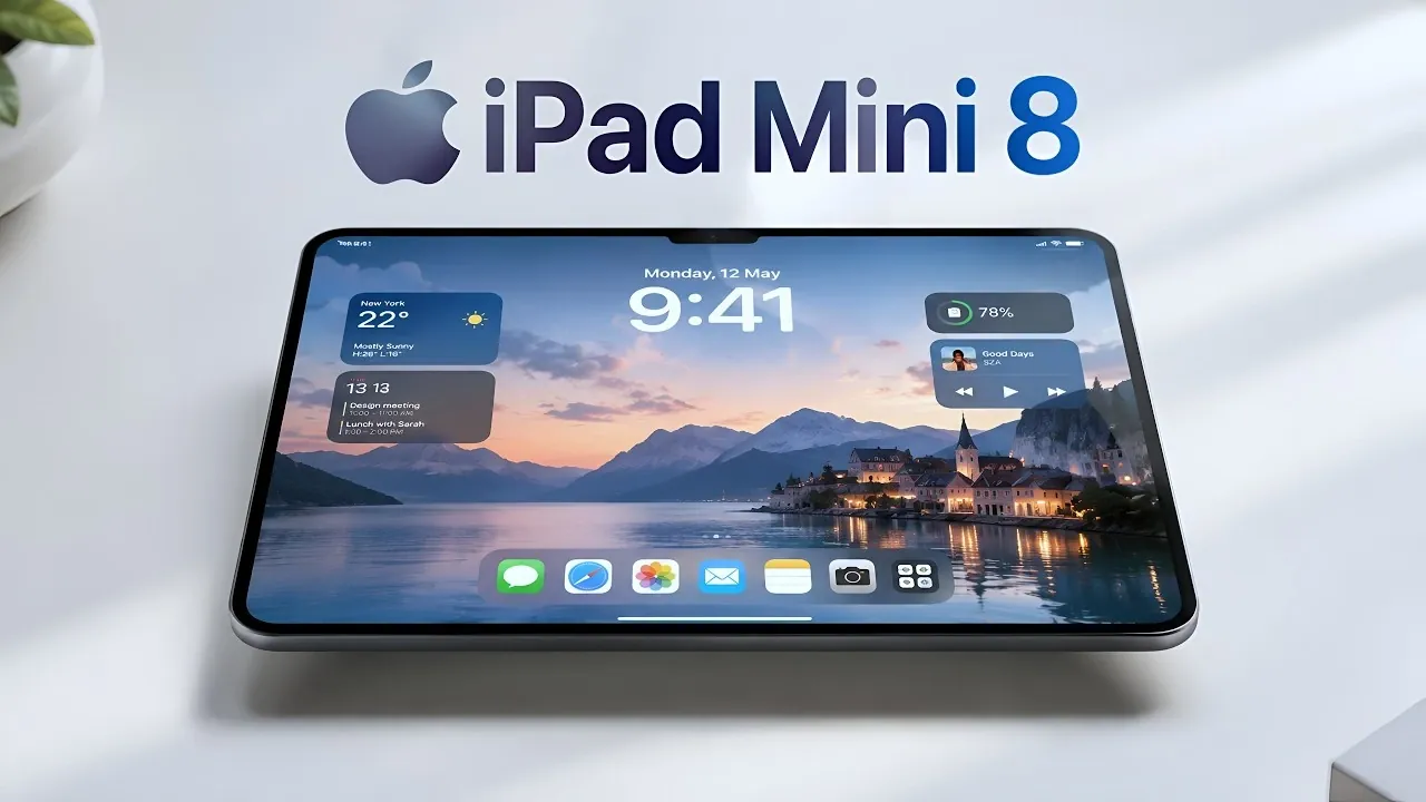 The current Apple iPad mini resting on a wooden desk next to a stylus