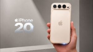 Concept render showing a bezel-free iPhone 20 design with edge-to-edge glass.