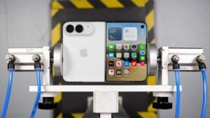 An iPhone Duo falling towards the ground during a standard face drop test.