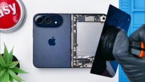 An opened iPhone Duo revealing its internal components during a teardown