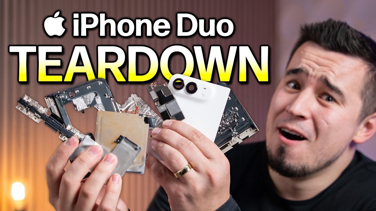 An exposed internal view of the disassembled iPhone Duo.