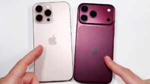 Side-by-side comparison of the iPhone 16 Pro Max and iPhone 18 Pro Max designs.