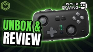 The JSAUX SkyLark S1 Pro controller resting on a wooden desk next to its packaging.