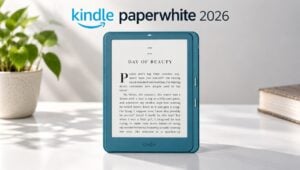 Front view of the 2026 Kindle Paperwhite displaying a book page.