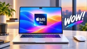 Front view of a rumored M6 MacBook Pro laptop display.