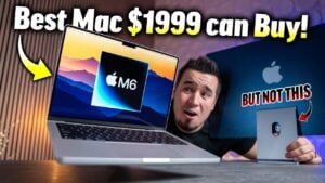 Silver M6 MacBook Pro open on a wooden desk showing macOS.