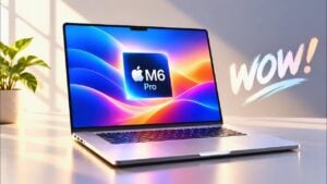 Leaked specifications for the upcoming 14-inch M6 MacBook Pro displayed on a screen.