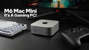 A person playing a video game using a controller connected to a Mac Mini.
