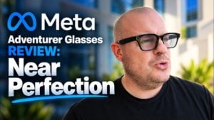 The Meta Adventurer AI glasses resting on a wooden table.
