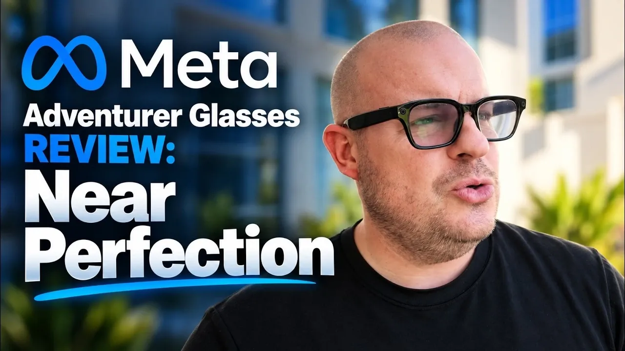 A person wearing the Meta Adventurer smart glasses outdoors.