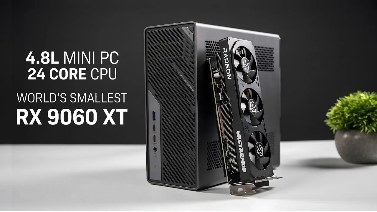 AMD Radeon RX 960 XT low-profile graphics card installed in the PCIe slot.
