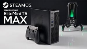 The Minisforum T5 Max small form factor PC resting on a desk.