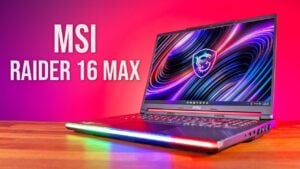 The MSI Raider 16 Max laptop closed, showing its metal lid design.