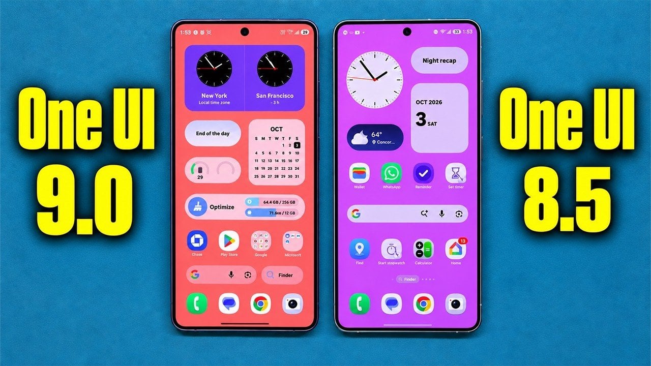 Side by side comparison of One UI 9 and One UI 8.5 home screens.