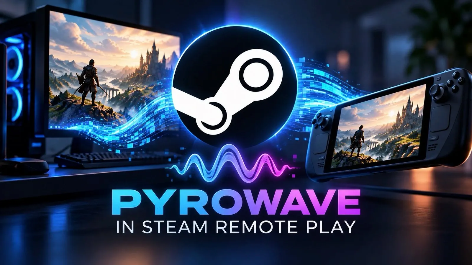 A person playing a PC game on a laptop using Steam Remote Play.