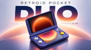 The Retroid Pocket Duo handheld gaming console with its dual screens folded open