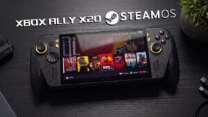 The ASUS ROG Ally X20 handheld console running the SteamOS interface.