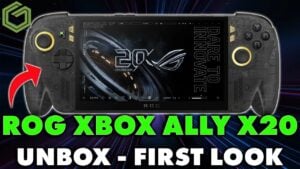 The front view of the ROG Xbox Ally X20 handheld gaming console.
