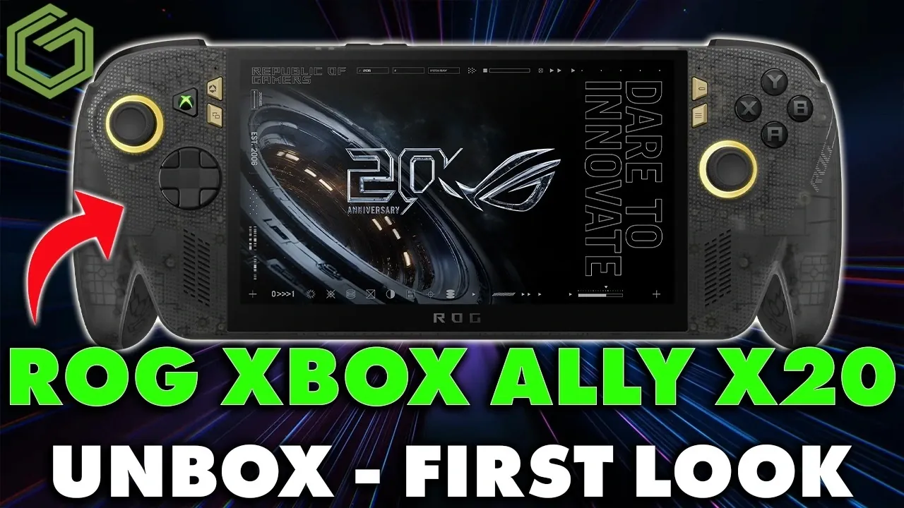 The ROG Xbox Ally X20 sitting in its open retail packaging box.