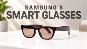 A person wearing Samsung smart glasses connected to a Galaxy phone.