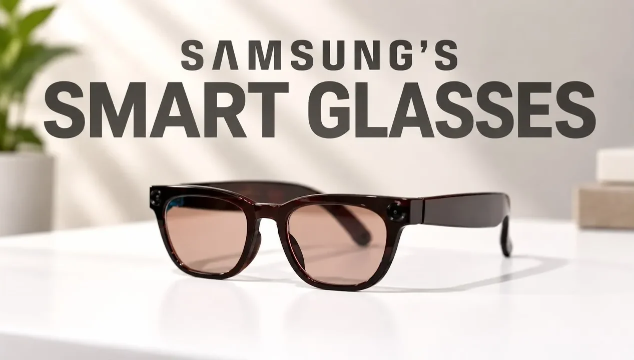 Close up of the camera and sensors on Samsung smart glasses.