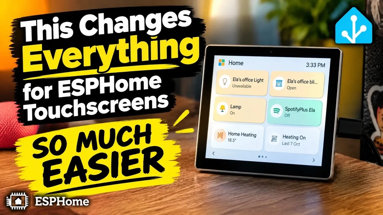An ESPHome touchscreen displaying a smart home dashboard with weather.
