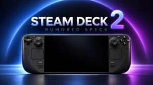 A conceptual rendering of the rumored Steam Deck 2 handheld console.