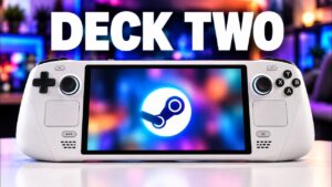 A conceptual mockup of the rumored Steam Deck 2 handheld console.