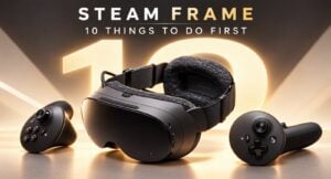 The Steam Frame VR headset resting on a desk next to a charging cable.