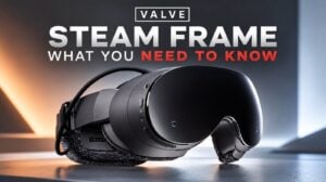 Front view of the Valve Steam Frame VR headset resting on a desk.