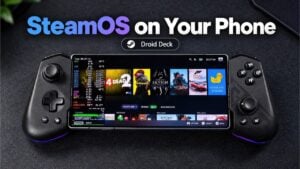 Smartphone running the Droid Deck app showing the SteamOS interface on screen.
