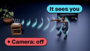 A person standing in a room with Wi-Fi signals bouncing off them to detect movement.