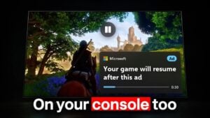 A television screen showing a video game paused for a commercial advertisement break.