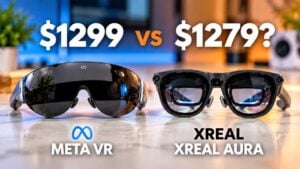 Side by side comparison of the XREAL Aura glasses and Meta VR headset