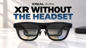 Front view of the XREAL Aura Android XR glasses showing the lightweight frame.