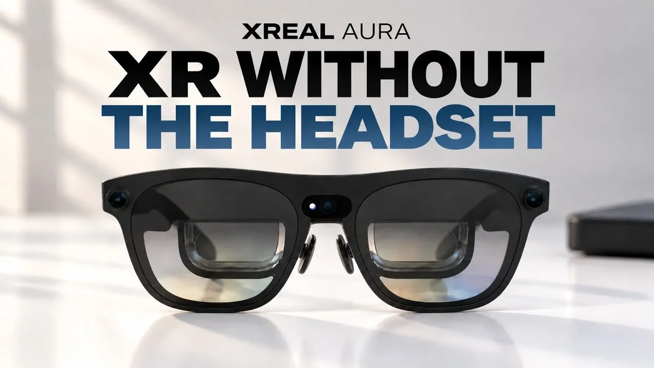 A person wearing XREAL Aura glasses looking at an augmented reality display.
